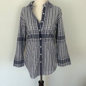 Navy and white plaid button down collared women’s shirt blouse